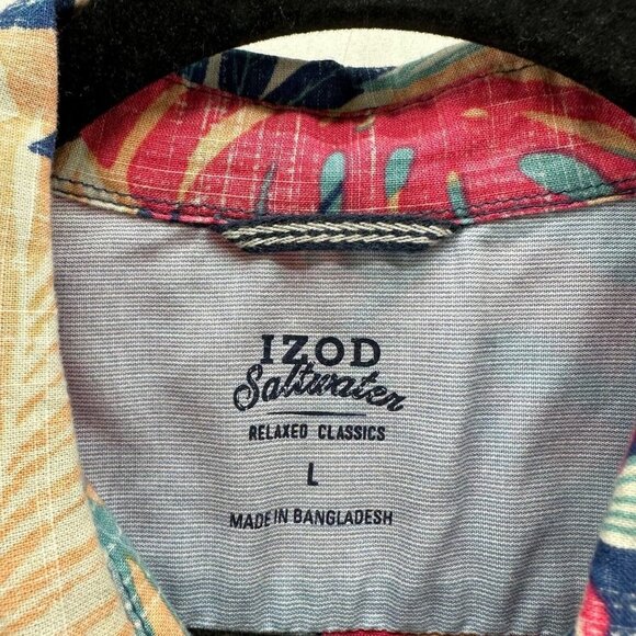 IZOD Shirt Mens Size L Saltwater Tropical Button Down Camp Cotton Blue Red - Picture 6 of 10